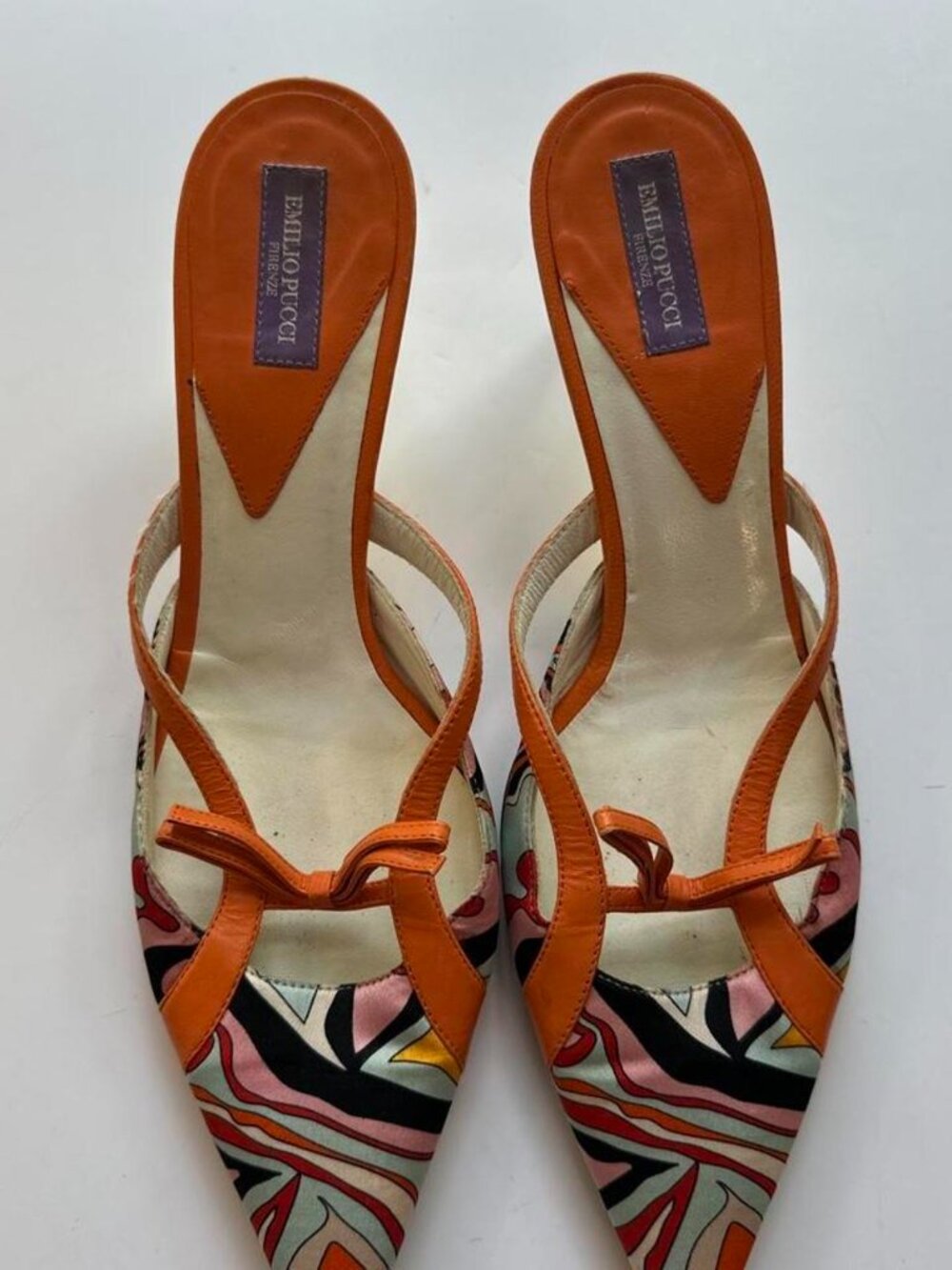 Vintage Emilio Pucci Orange Printed Kitten Heel Mules | Size 36.5